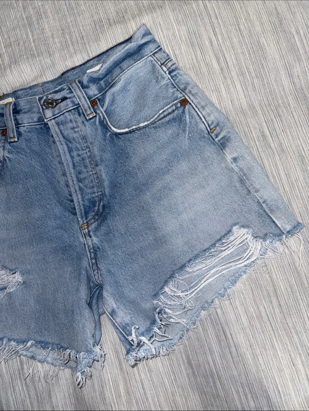 Citizens Of Humanity Annabelle Long Light Blue Distressed Denim Cutoff Shorts